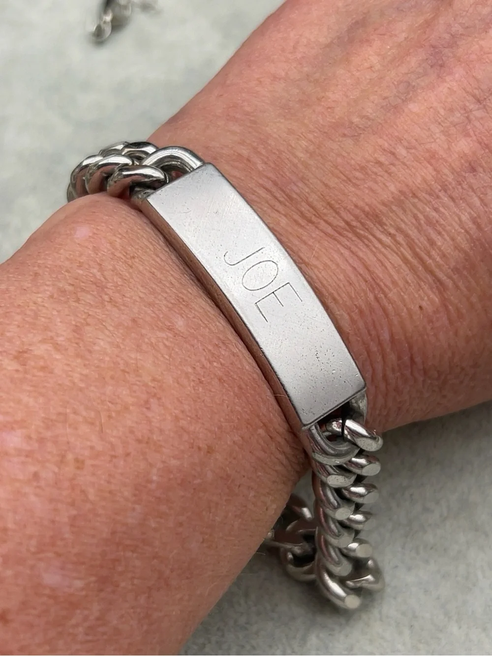 SWANK Vintage Silver Tone Engraved “JOE” ID Curb Chunky Chain 8” Bracelet